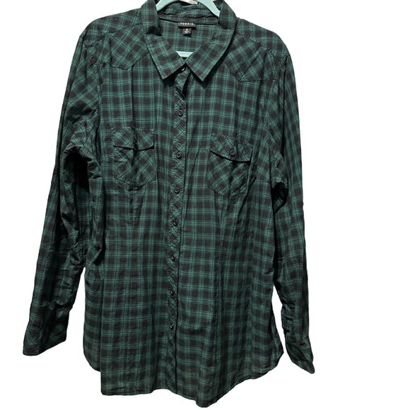Torrid women’s size 3 (3X) green plaid cotton long roll tab sleeves button top - Picture 1 of 7